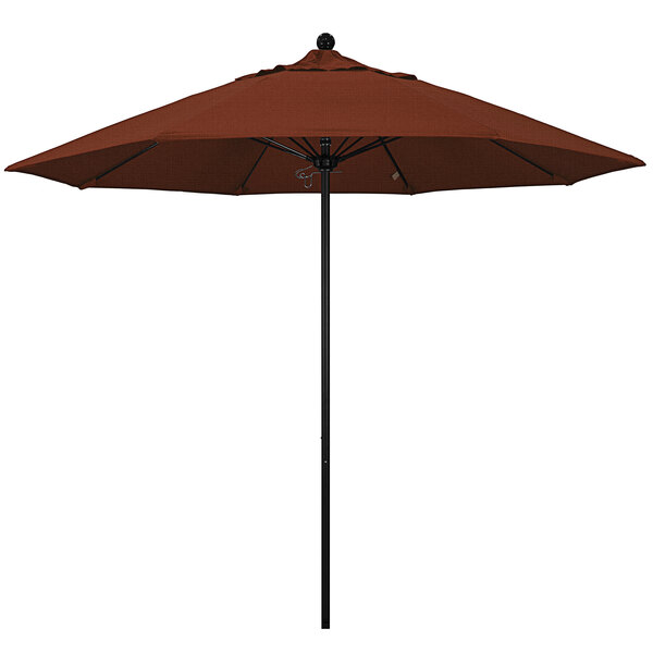 A California Umbrella ALTO 908 Olefin Venture umbrella with a terracotta canopy on a black pole.