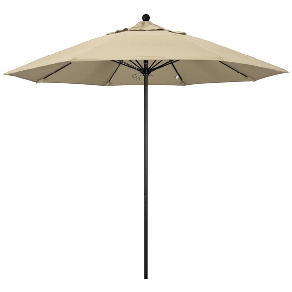 A close-up of a California Umbrella with an Antique Beige canopy and black aluminum pole.