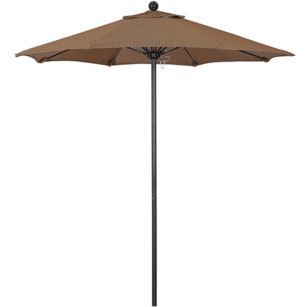 A brown California Umbrella on a black pole.