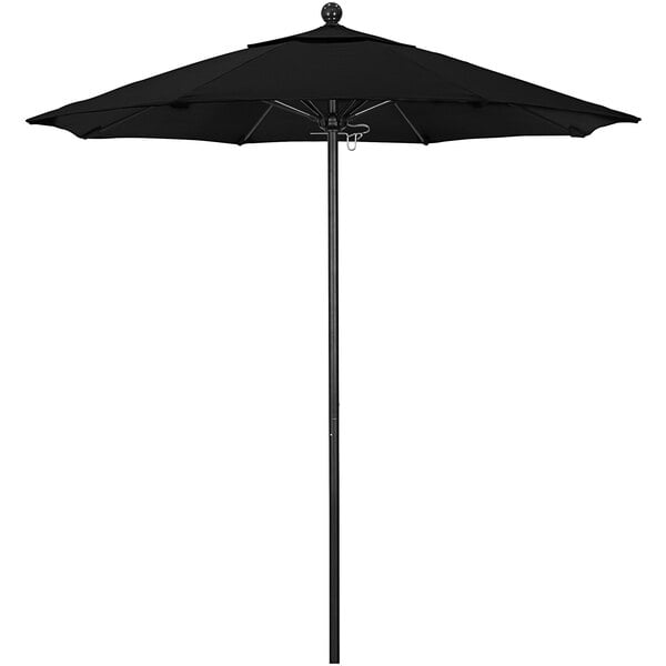 A black California Umbrella with a black metal pole.