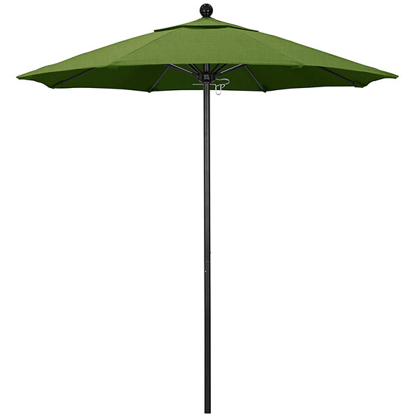 A green California Umbrella with a black pole.