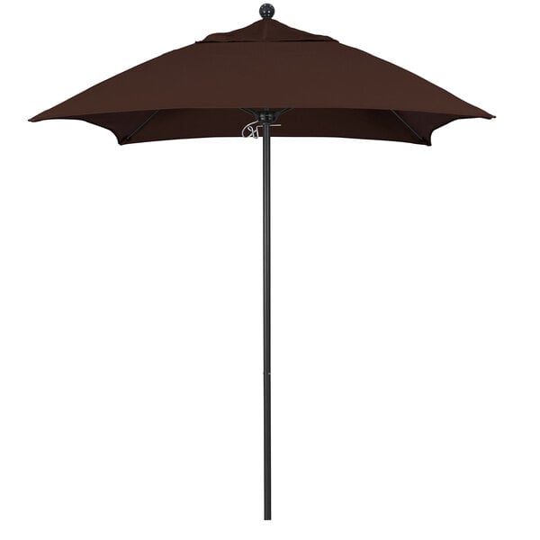 A brown California Umbrella ALTO square umbrella with a black pole on a white background.