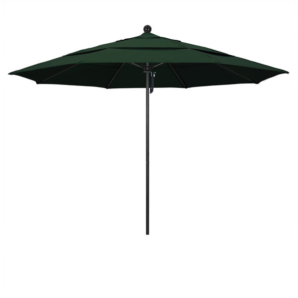 A Pacifica hunter green California Umbrella on a black pole.