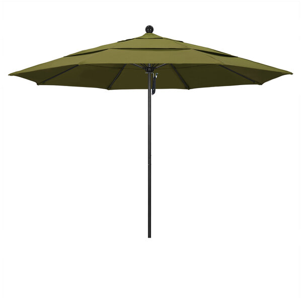 A California Umbrella with a black pole and a green Pacifica canopy.