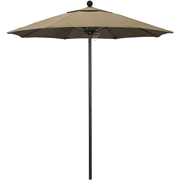 A close-up of a Heather Beige Sunbrella canopy on a black pole.