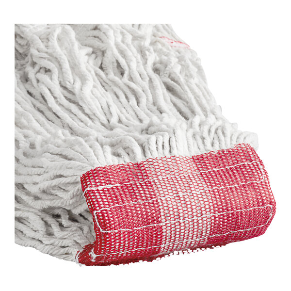 A close-up of a Carlisle large white cotton mop with red trim.