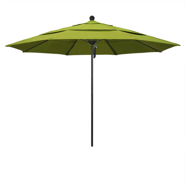 A green California Umbrella on a black pole.