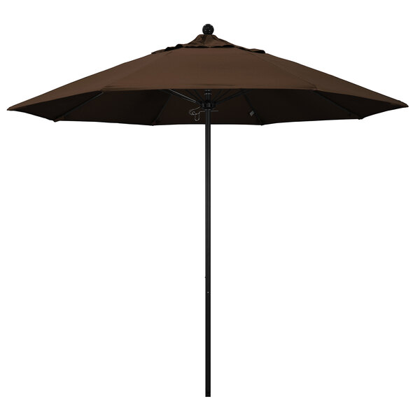 A brown California Umbrella with a black pole.