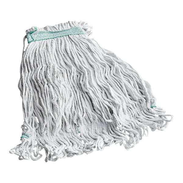 A white Carlisle wet mop with green trim.