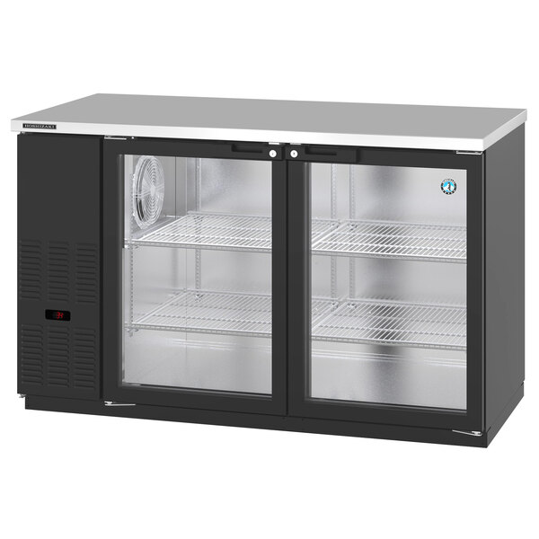 A black Hoshizaki back bar refrigerator with two glass doors.