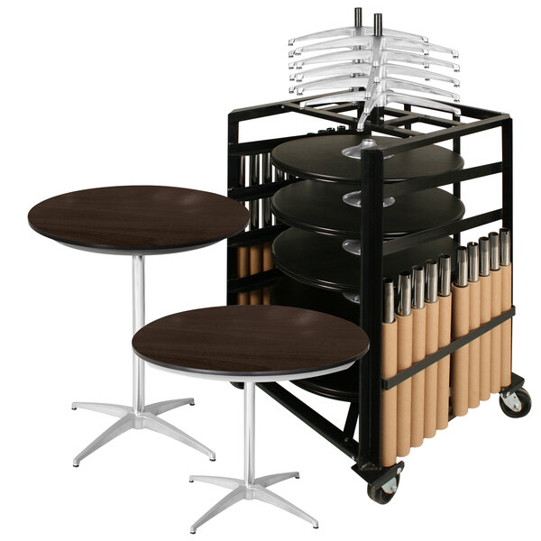 A Resilient-IC round espresso table with a brushed silver base.