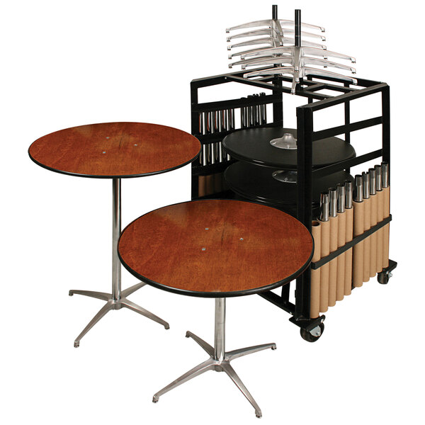 A Resilient 200 Series plywood round table with a metal base and adjustable height.