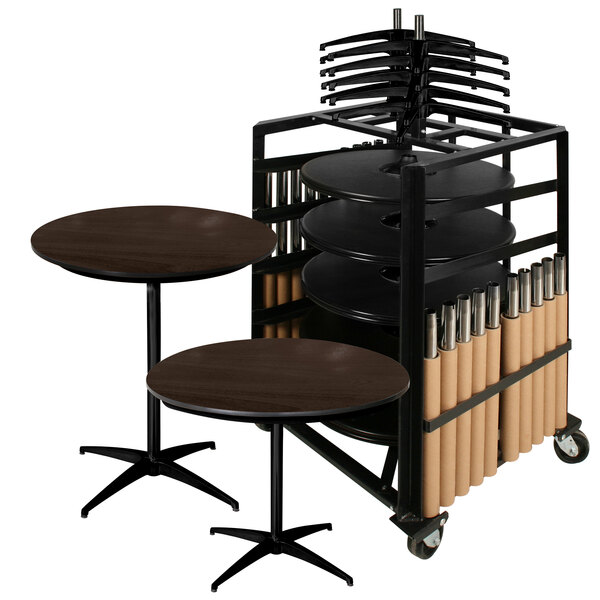 A Resilient-IC round table with a black X-base and two chairs in espresso brown.