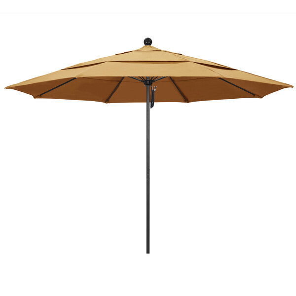 A close-up of a California Umbrella with a wheat Sunbrella canopy and black aluminum pole.