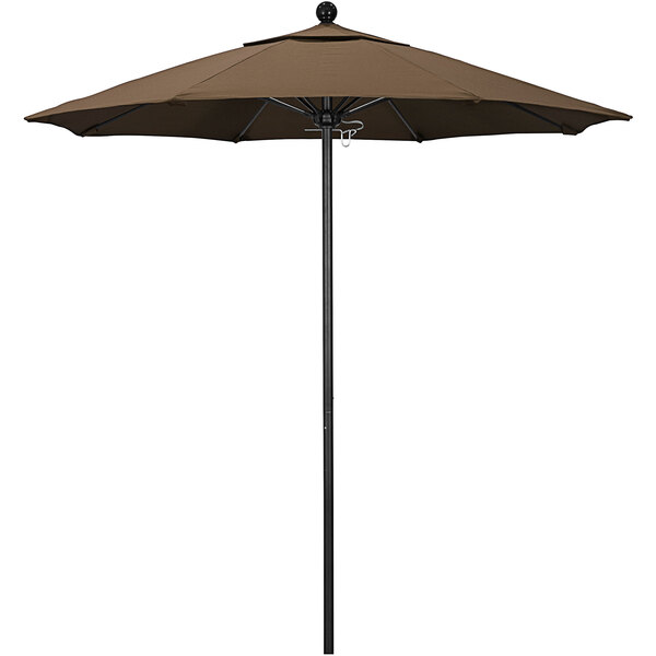 A brown California Umbrella ALTO round umbrella with a black pole.