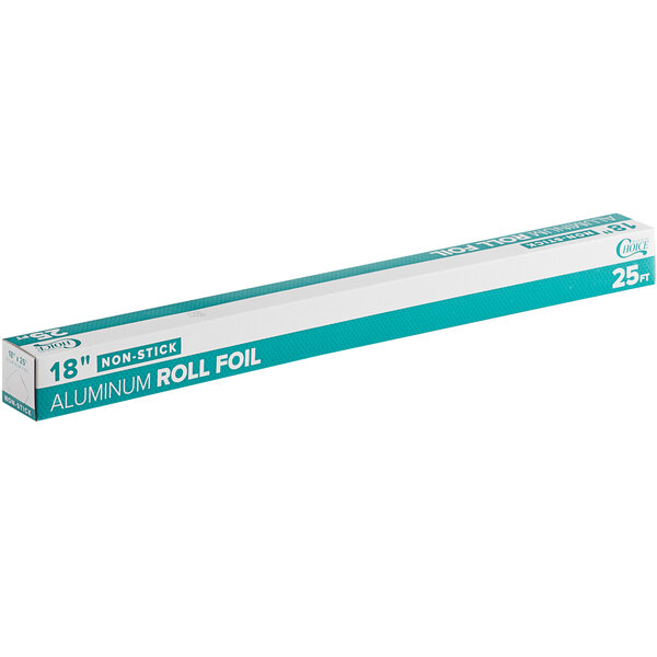 The blue and white rectangular box of Choice Non-Stick Aluminum Foil Roll on a counter.