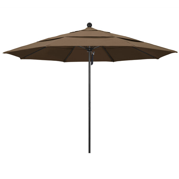 A close-up of a brown California Umbrella with a black pole.