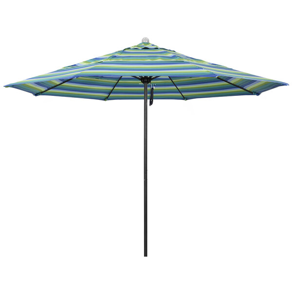A close-up of a California Umbrella with blue and green stripes on the canopy.