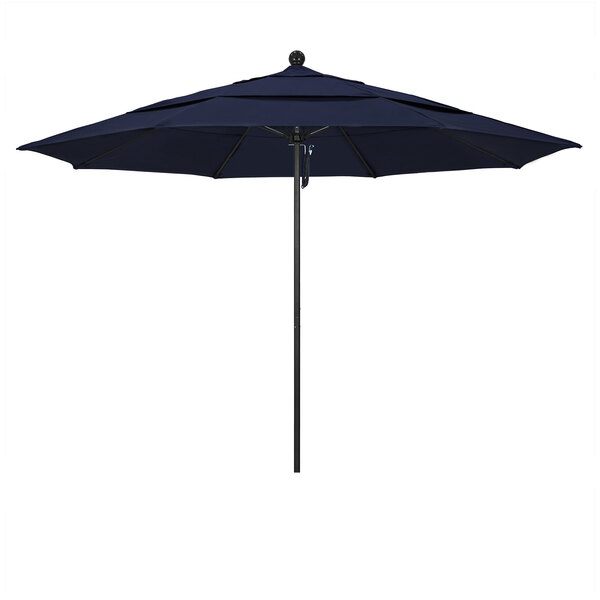 A navy blue California Umbrella with a black pole.