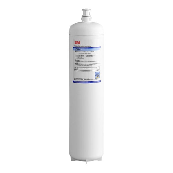 A cylindrical 3M HF95-CL High Flow Series replacement water filter cartridge with a white body and product label.