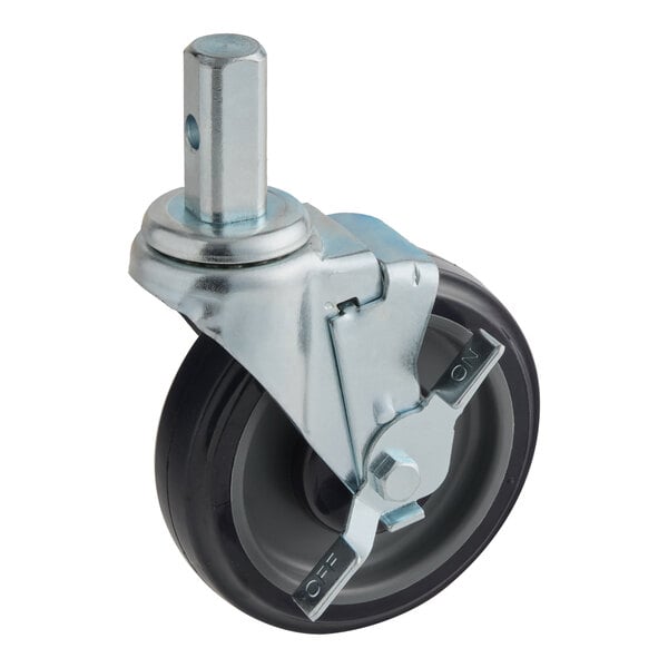 A white 5" Polyurethane swivel stem caster with a metal wheel and black rubber tire.