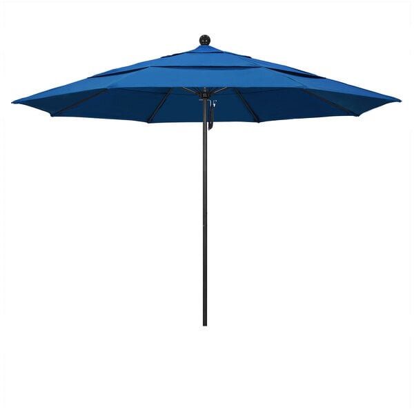 a blue umbrella with a black ball on top