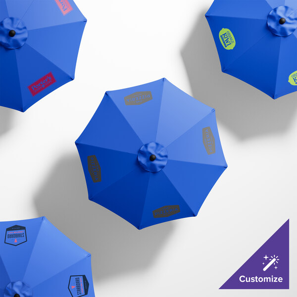 A blue California Umbrella with a black handle and black pole with a yellow and black logo.