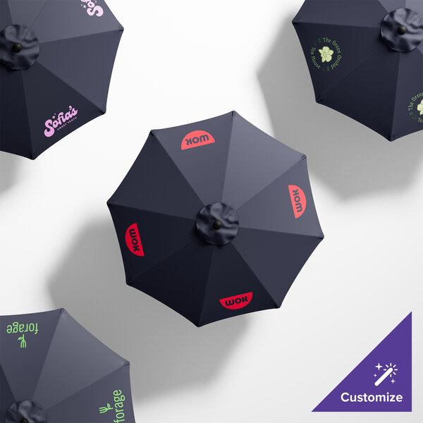 A top view of a navy California Umbrella with a Sunbrella 1A canopy and a black pole.