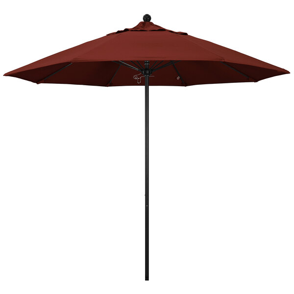 A California Umbrella ALTO 9' round outdoor umbrella with a Sunbrella Henna canopy and black aluminum pole.