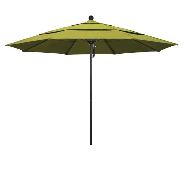 A close-up of a green California Umbrella on a black pole.