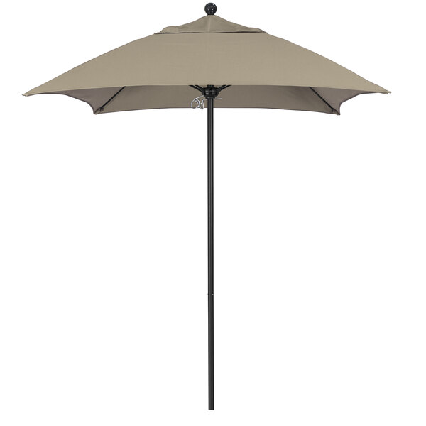 A taupe California Umbrella on an aluminum pole.