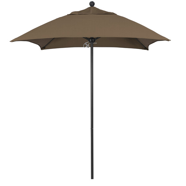 A brown California Umbrella on a black pole over a white background.