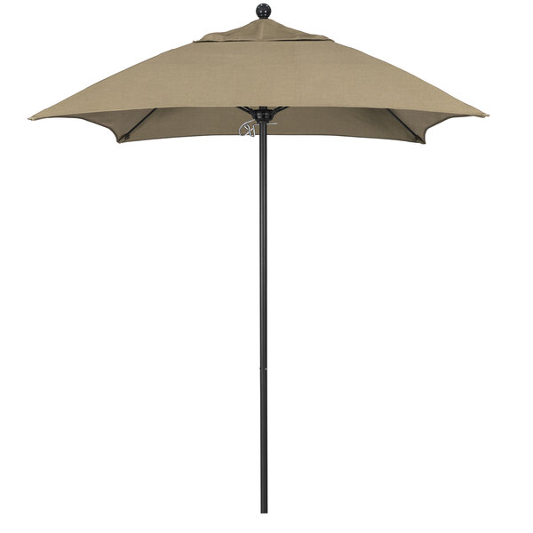 A California Umbrella Heather Beige Sunbrella patio umbrella on an aluminum pole.