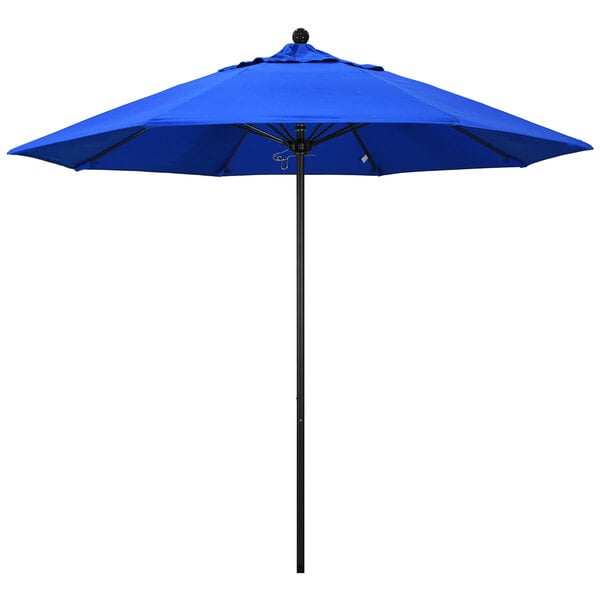 A California Umbrella ALTO 9' round outdoor umbrella with a Pacific Blue Sunbrella canopy and black aluminum pole.