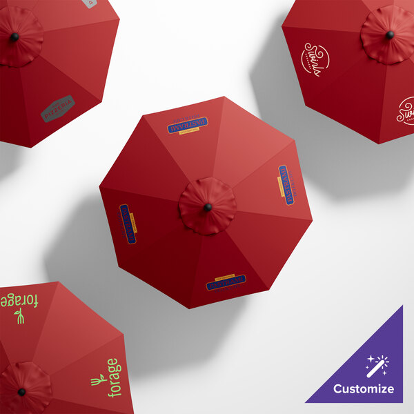 A red California Umbrella with white text that says "Venture" on it.