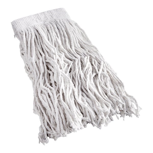 A Carlisle large white cotton wet mop head with a white headband.