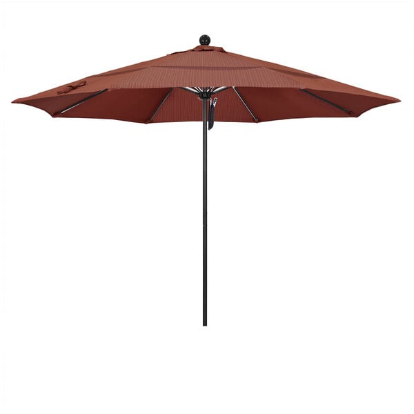 A brown California Umbrella with a black pole and red Terrace Adobe fabric.