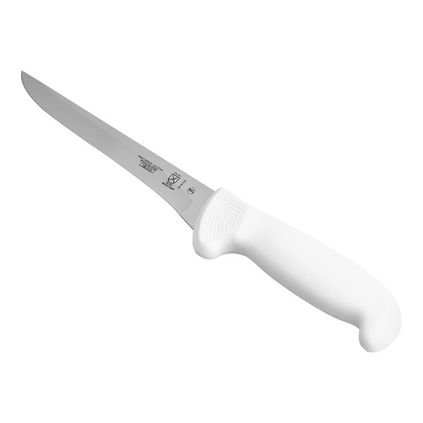 A Mercer Culinary Ultimate White boning knife with a white handle.