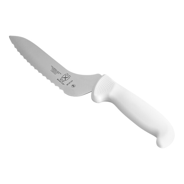 A Mercer Culinary Ultimate White bread knife with a white handle.