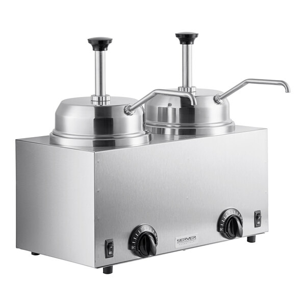 A stainless steel twin topping warmer with two pumps and adjustable temperature controls.