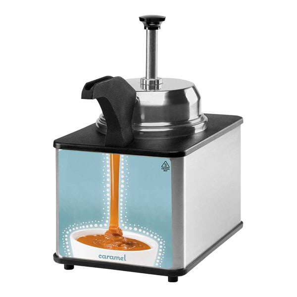 A Server Supreme condiment warmer with a pump pouring caramel sauce into a bowl.