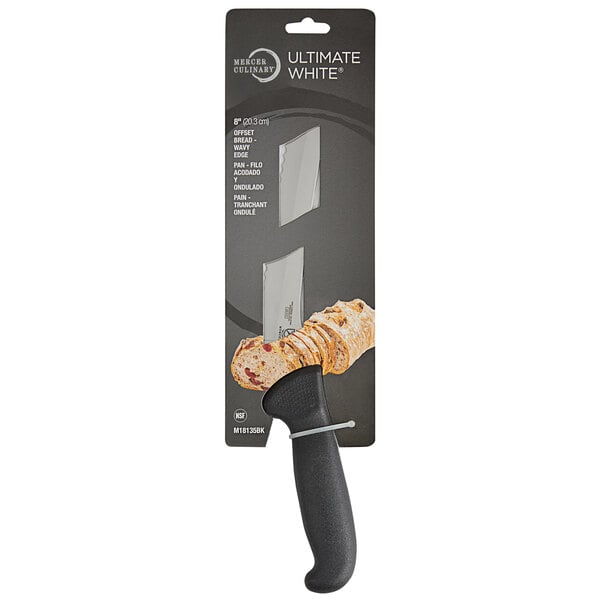 The black handle of a Mercer Culinary Ultimate White bread knife.