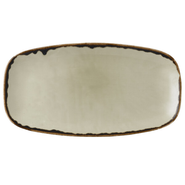 A white rectangular Dudson Harvest china plate with a brown rim.