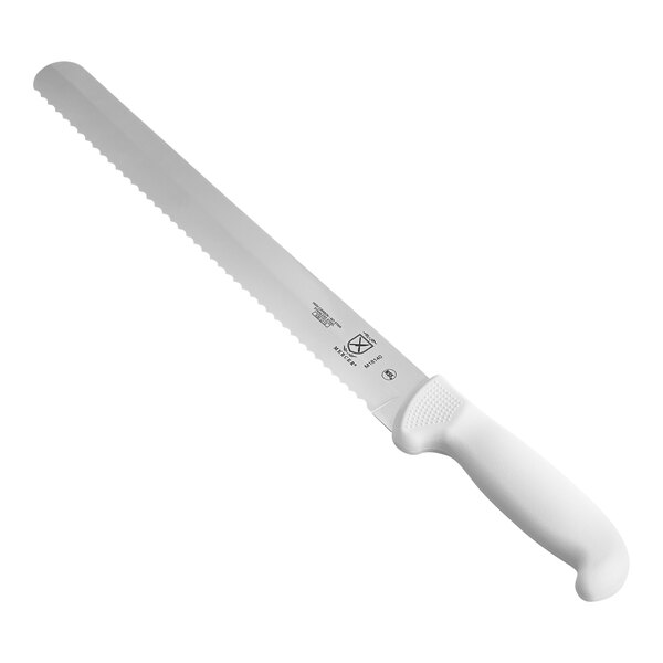 An 11-inch serrated edge slicer knife with a white handle.