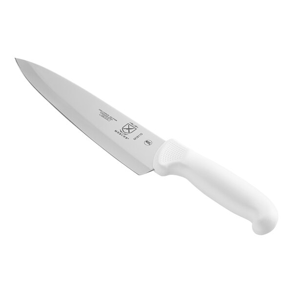 A Mercer Culinary Ultimate White chef knife with a white handle.