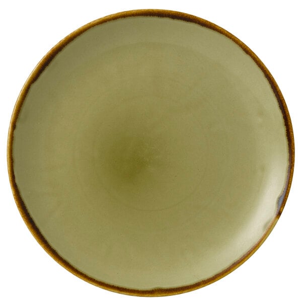 A close-up of a green Dudson Harvest china plate with a brown rim.