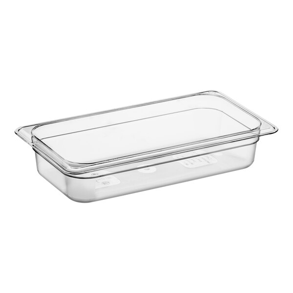 A Cambro clear polycarbonate food pan.