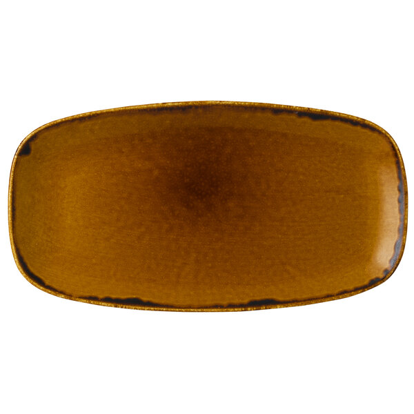 A close up of a brown rectangular Dudson Harvest china plate with a brown rim.