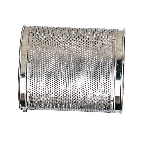 A close-up of a stainless steel metal perforated basket with holes.