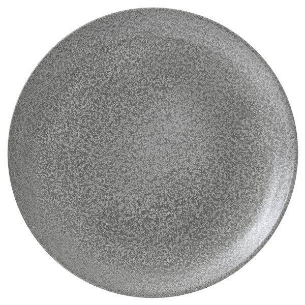 A close-up of a grey Dudson Evo Origins china plate with a speckled design.